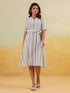 Janasya Women's White & Blue Cotton Striped Button Down A-line Dress